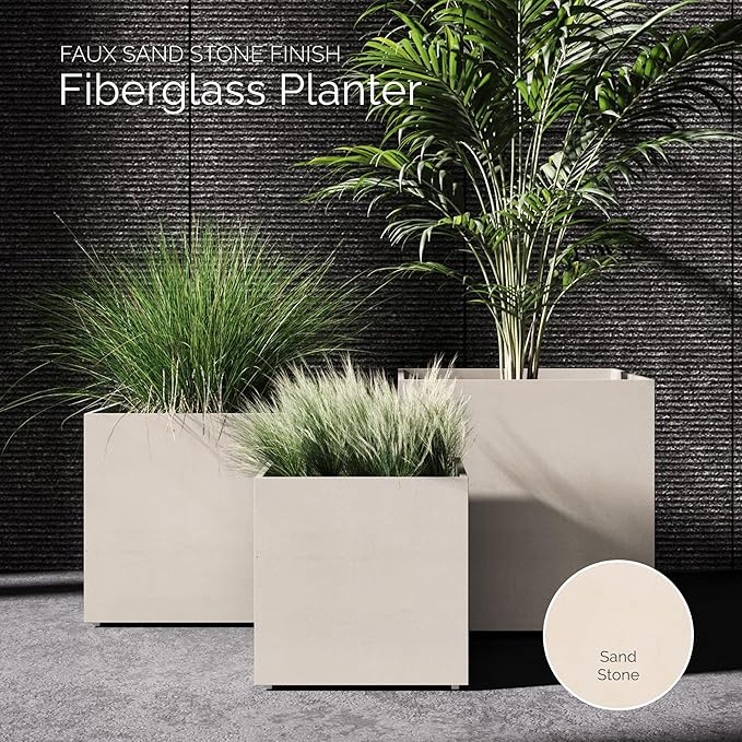 Reglito Cube Planter – Fiberglass Indoor/Outdoor and Weather-Resistant Large Planter (Sand Stone, 35.4" L x 35.4" W x 36" H)