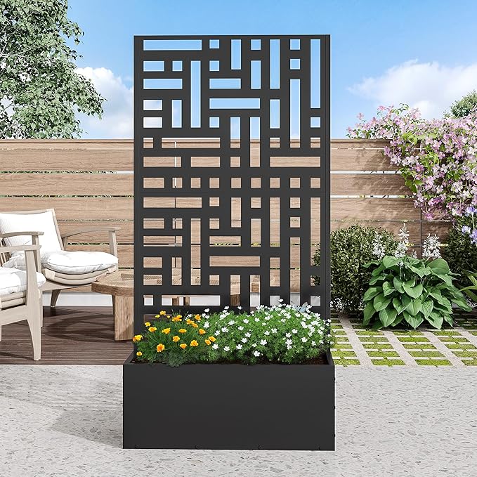 Casaphoria Metal Raised Garden Bed with Trellis and Wheels, 59"x30"x12" Planter Box for Climbing Plants, Vegetables & Vines, Features Drainage Holes and Privacy Screen (Black-Helen)