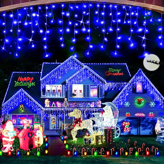 Hezbjiti Christmas Lights Decorations Outdoor, 800 LED 65.6 FT 8 Modes 150 Drops Fairy String Curtain Lights for Christmas Decor Eaves Window Party Yard Garden Indoor (Blue)