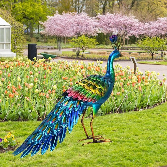chisheen Peacock Statue Garden Decor Metal Peacock Yard Art Lawn Decoration Outdoor Sculpture for Women Mom