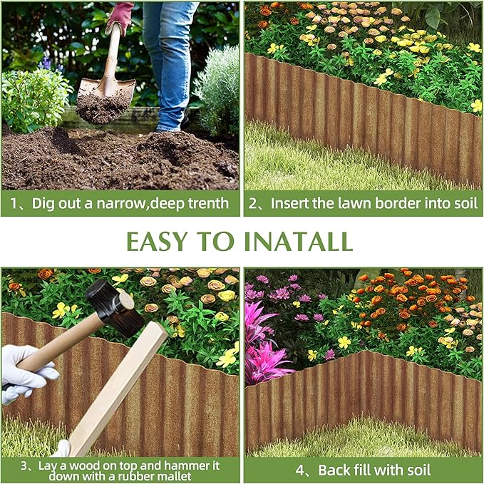 Metal Garden Edging Border, Corrugated Steel Landscaping, DIY for Lawn (Rusty, 6 Inch x 20FT)
