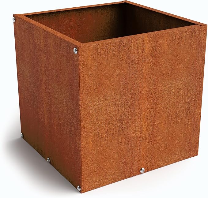 DIY CARTEL Corten Steel Cube Outdoor Planter Box, Rustic & Modern Farmhouse Design, Large Raised Metal Garden Bed for Commercial & Residential Use (12in x 12in)
