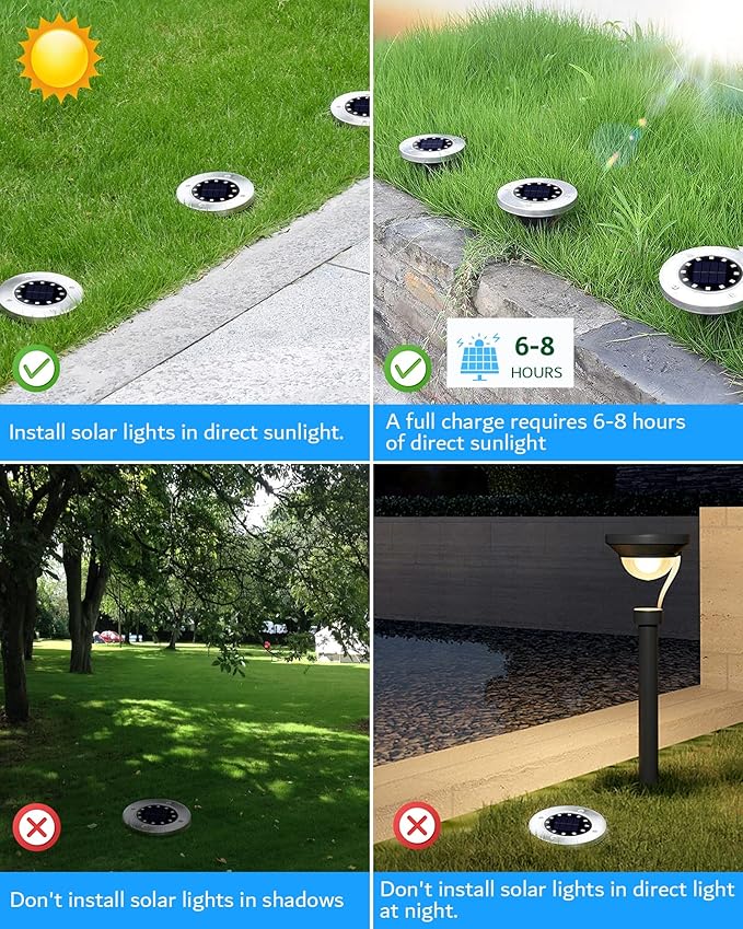 Biling Outdoor Lights 12 Packs, Bright 12 LEDs Waterproof, Ground Flat Pathway Lights Solar Powered for Yard Walkway Garden Driveway (White)