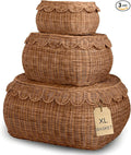 BEBE BASK Large Scalloped Basket Set Of 3 - Hand-Woven & Award-Winning Scallop Basket - XL - Extra Large for Blankets 22 x 16 x 10 In - Elegant Wicker With Scalloped Edge Lid (Mocca)