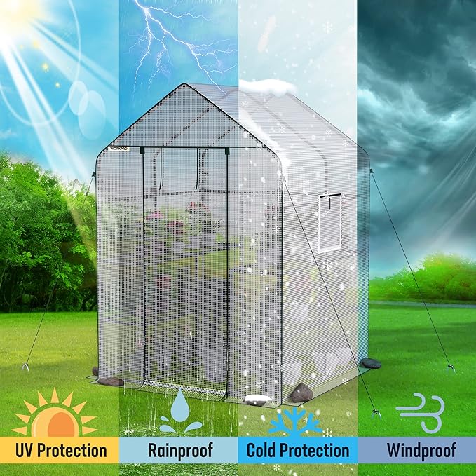 WORKPRO Greenhouse, 56” x 56” x 77” Heavy Duty Walk in Greenhouses for Outdoors with Screen Windows, Thicken PE Cover, 3 Tier 8 Shelves Portable Green House Kit for Patio, Backyard and Porch