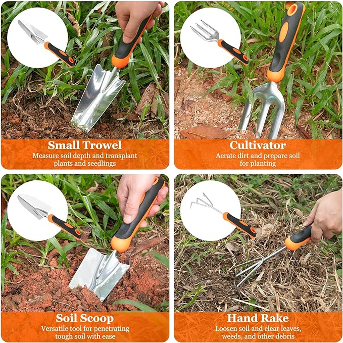 Gardening Tool Set, CHRYZTAL Stainless Steel Heavy Duty Gardening Tool Set, with Non-Slip Rubber Grip, Storage Tote Bag, Outdoor Hand Tools, Ideal Gardening Gifts for Women