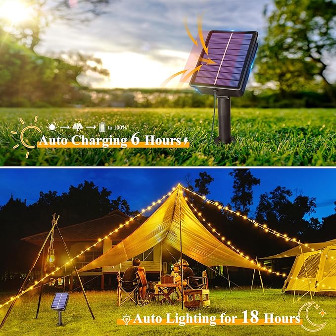 Ollny Solar String Lights Outdoor, 66FT 200LED Solar Fairy Lights with 8 Modes, Waterproof Solar Lights for Outside Yard Garden Patio Camping Party Wedding(Warm White)