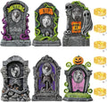 Hiboom 6 Set Large Halloween 3D Changing Face Rip Graveyard Tombstones and 23.6x15.7 Inch Halloween Skeleton Headstone 6 Pcs LED String Lights Halloween Decoration for Yard Garden Lawn