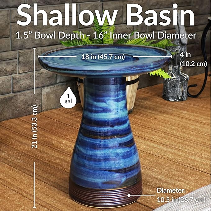 Sunnydaze 21" H Ceramic Bird Bath for Outside - Hand-Painted Outdoor Bird Bath Bowl, UV/Frost-Resistant Finish - Galaxy Blue - Ribbed Pedestal