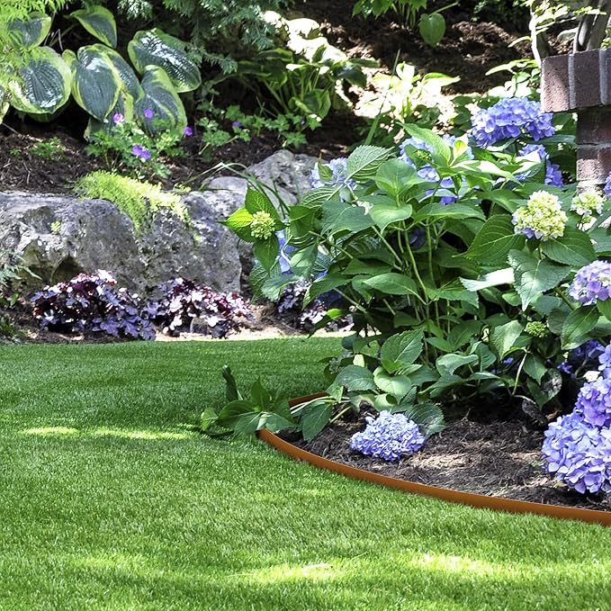 KOL Weather Resistant Steel Flexible Garden Lawn Edging, 10-Pack Pre-Rusted Metal Landscape Edging Strips - Heavy Duty Hammer-in Border with 11 Clips - 16-Gauge - 40" L x 4.5" H (33FT Total Length)