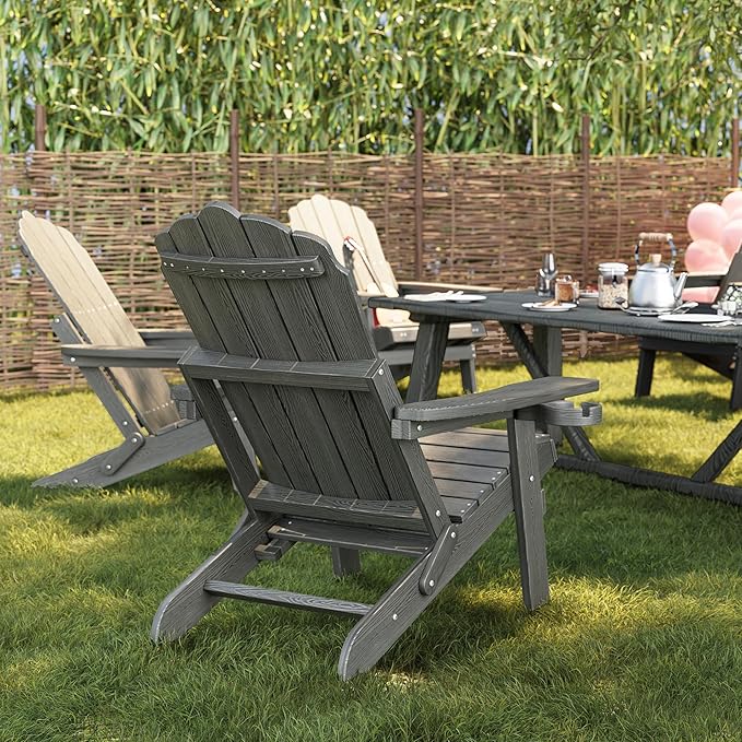 Folding Adirondack Chair Set of 4 with Adjustable Backrest, Adirondack Chair with Retractable Ottoman with 2 Cup Holders, for Pool Deck Beach Garden, Grey