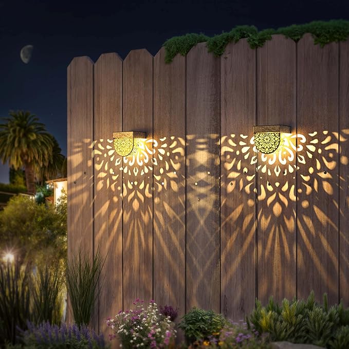 Solar Fence Lights 6 Pack Solar Deck Lights Outdoor Waterproof LED Solar Powered Step Lights Wall Lights Outdoor Decorations Warm Yellow Light Decorative Lighting for, Front Door, Backyard (Gold)