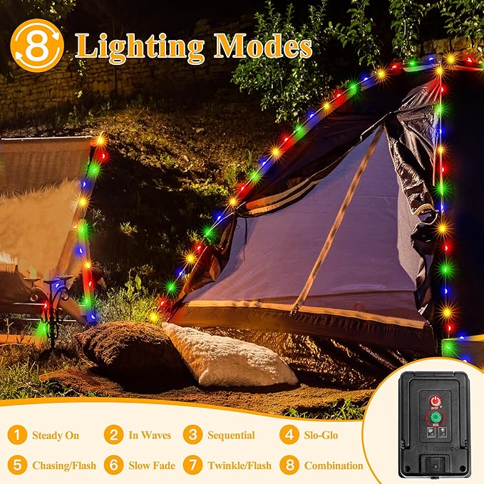 Ollny Solar String Lights Outdoor, 66FT 200LED Solar Fairy Lights with 8 Modes, IP67 Waterproof for Outside Yard Garden Patio Camping Party, Multicolor