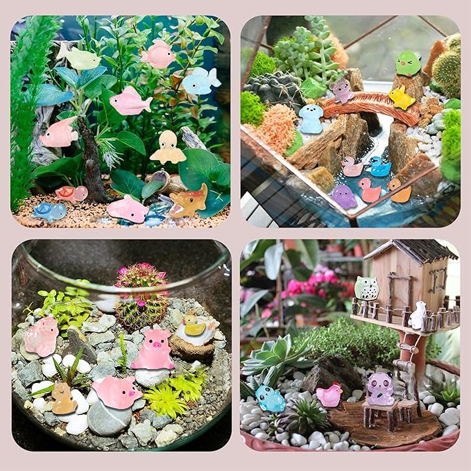 Luminous Mini Resin Animals 250Pcs Tiny Animals Bulk Glow in The Dark Mini Ducks Owls Frogs Pandas Rabbits Mushrooms for Miniature Garden Micro Landscape Aquarium Potted Decoration