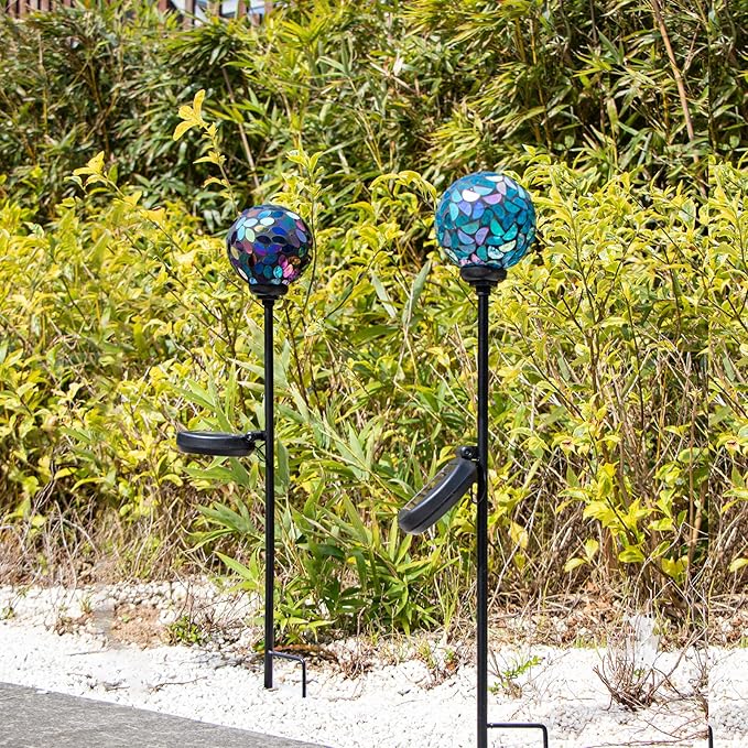 VCUTEKA Solar Garden Decorative Lights Outdoor, Mosaic Solar Light Waterproof LED Pathway Stake Light for Landscape Patio Yard Deck Walkway Decoration, 2 Pack （Blue&Purple）