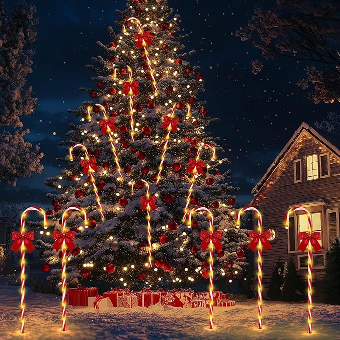 Christmas Candy Cane Pathway Lights, 12PCS 120 LED Christmas Lights Outdoor Decorations with Red Bow Waterproof, 8 Modes Timer Remote Christmas Walkway Lights for Xmas Home Yard Lawn Patio Decor