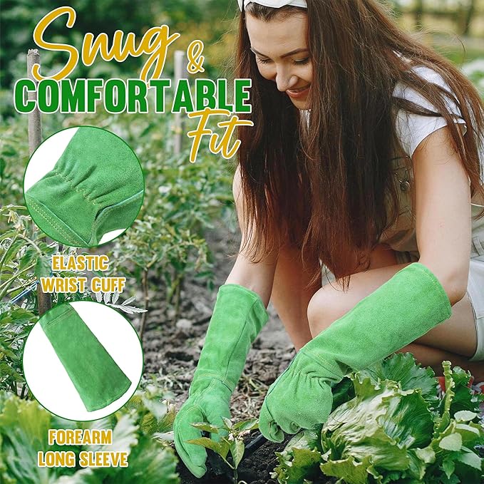 HANDLANDY Leather Gardening Gloves, Thorn Proof Long Gauntlet Heavy Duty Garden Gloves, Elbow Length Rose Pruning Weeding Yard Glove (Large, Green)