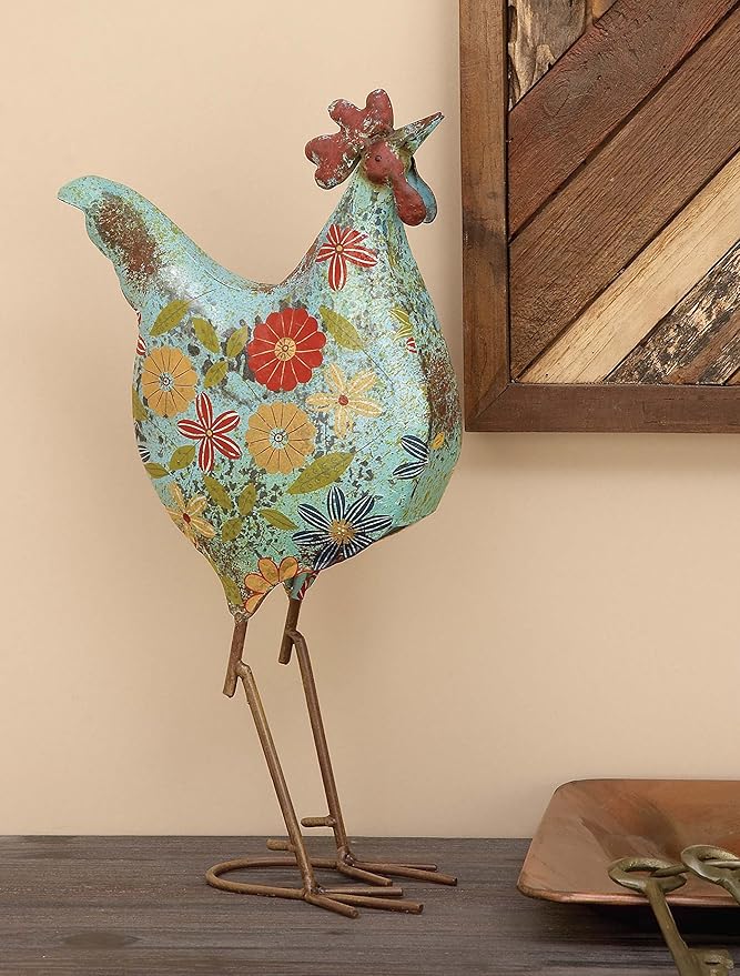 Deco 79 Metal Rooster Decorative Garden Sculpture Indoor Outdoor Distressed Standing Garden Statue with U Shaped Feet, Outdoor Sculpture 10" x 5" x 17", Green