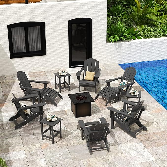 WO Home Furniture Adirondack Chair Table Set of 2 PCS Outdoor Folding Chair w Side Table Weather/UV Resistant for Lawn, Garden, Bon Fire, Balcony (Grey)