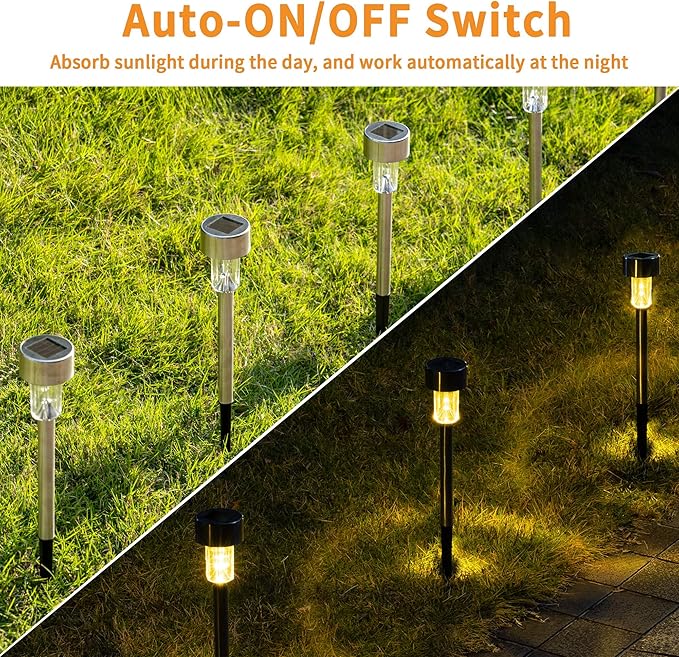 GIGALUMI Solar Pathway Lights 12 Pack, Stainless Steel IP44 Waterproof Auto On/Off Outdoor LED Solar Landscape Lights for Garden, Yard, Patio, Path and Walkway. (Warm White)