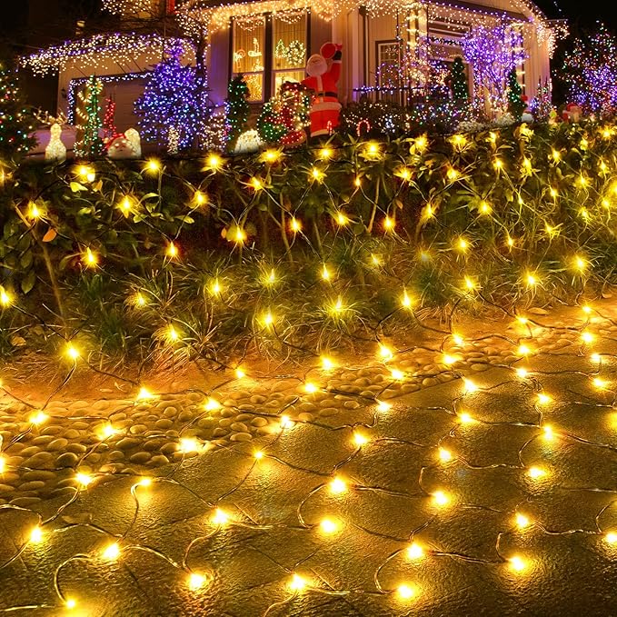 Pooqla Net Lights, 300LED Christmas Outdoor Mesh, 14.8x4.9 ft Fairy String 8 Modes Green Wire, Connectable Waterproof Decorative for Bushes Tree Garden Halloween, Warm White