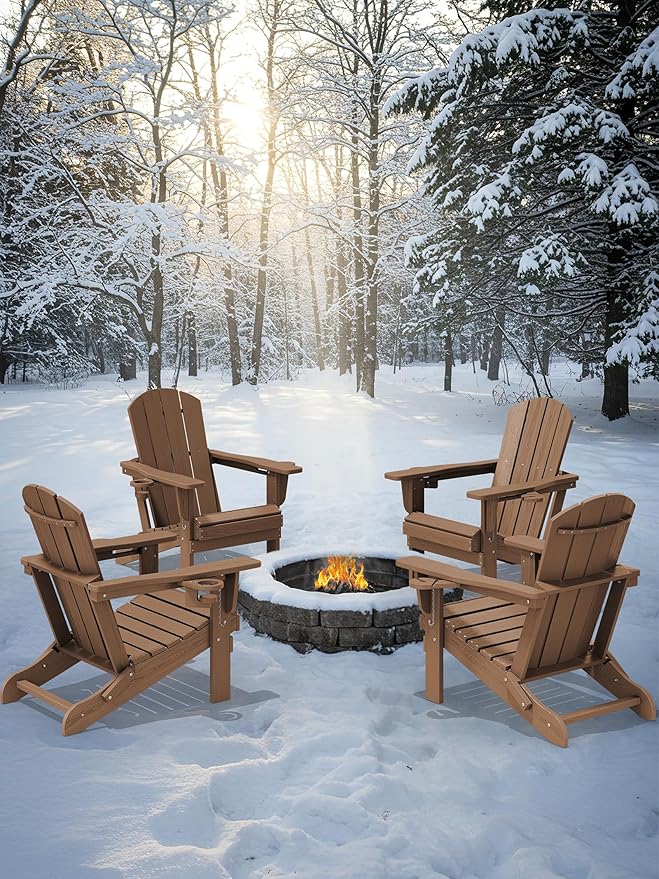 KINGYES Folding Adirondack Chair, Dual Cup Holders & All-Weather HDPE, Wood-Like Patio Chair, Brown