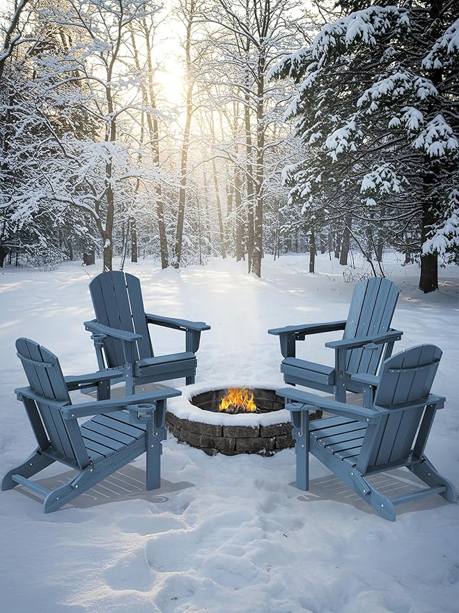 KINGYES Folding Adirondack Chair Set of 2, Dual Cup Holders & All-Weather HDPE, Wood-Like Patio Chair for Backyard, Camping, Pool & Fire Pit, Navy