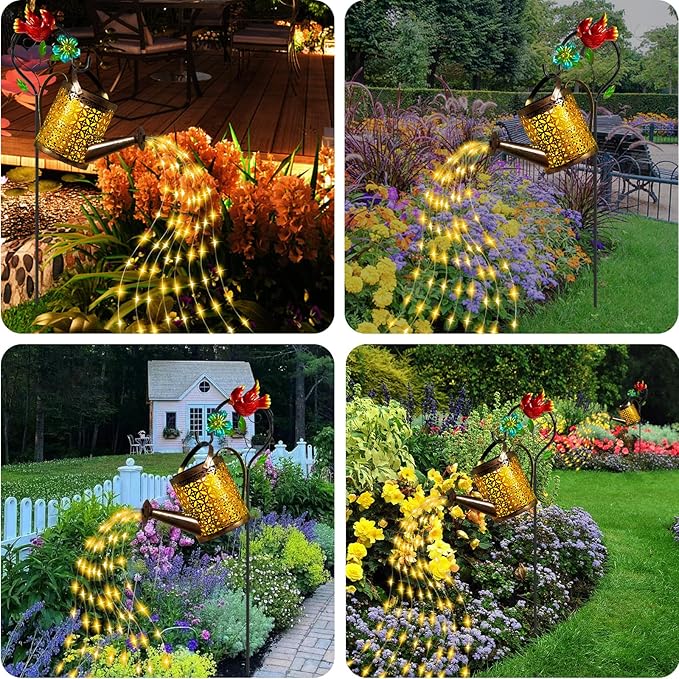 Solar Metal Watering Can with Cardinal Shepherd Hook and Cascading Lights - Outdoor Solar Lantern for Garden, Yard, Patio - Christmas Decor and Gardening Gifts for Women