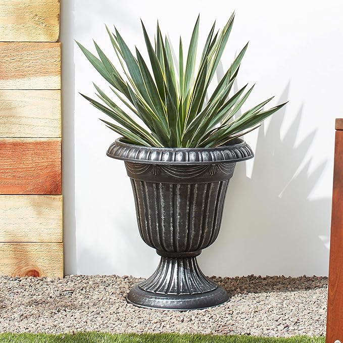 PL20SL Classic Traditional Plastic Urn Planter Indoor/Outdoor, 10" x 12", Brushed Silver