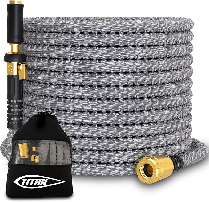 TITAN Flexible Garden Hose 25FT – Ultra Lightweight, Heavy Duty Water Hose with Brass Fittings & Jet Nozzle – Kink-Free, Non-Expanding, Durable Fabric Hose for Yard, Lawn, Car Wash, Outdoor Use