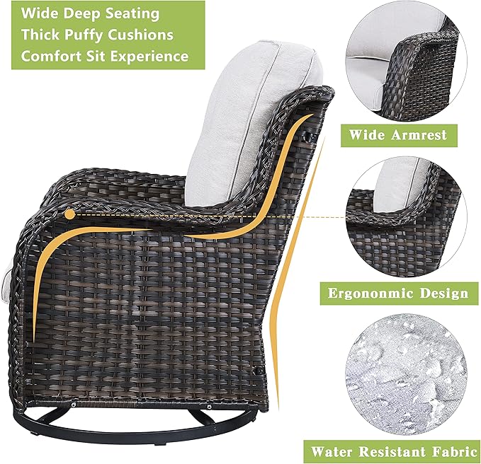 Outdoor Patio Swivel Rocker Chairs - 3 Piece Patio Bistro Set,Wicker Patio Furniture Set with 2 Swivel Rocking Chairs and 1 Glass Top Side Table for Deck Porch Garden,Brown/Beige