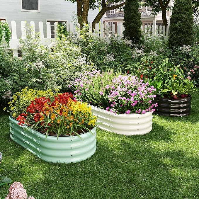 Galvanized Metal Planter Round Raised Garden Bed Kit for Gardening Outdoor，2x2x1ft Grow Garden Box Raised Flower Bed，Round Galvanized Planter Outdoor Metal Fire Pit Ring White