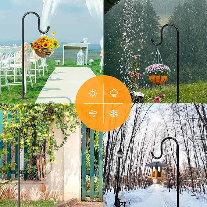 5-Prong Shepherd Hooks for Outdoor 2 Pack Heavy Duty Iron Garden Hooks for Hanging Plants, Bird Feeders, Lanterns, Solar Lights, and Wedding Decor – Rust-Resistant, Adjustable, Easy to Install 48 Inch