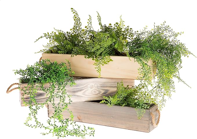 20" Rectangular Rustic Wood Planter with Handle and Plastic Liner l Rustic Barn Wood l Country Style, Home and Wedding Decorations, Garden Ornaments (20x4 w Handle Set of 2, Natural)