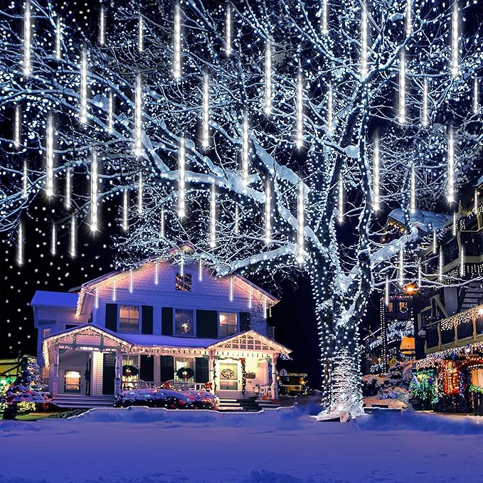 Aokudoni Christmas Lights Outdoor, Upgraded 16 inch /40cm Meteor Shower Lights 8 Tube Falling Rain Light Icicle String Lights for Xmas Tree New Year Party Wedding Decorations, UL Plug, White