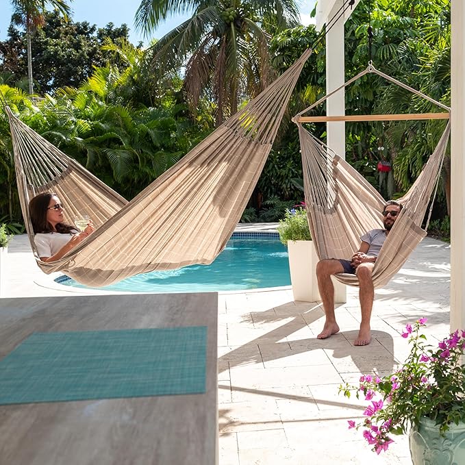 LA SIESTA® - XL King Domingo Hammock Swing Chair & TreeMount - Weather & Tear Resistant Hanging Chair for Bedroom Patio - Outdoor Indoor Hammock Chair w/Suspension Kit for Trees Beams & Posts -Almond
