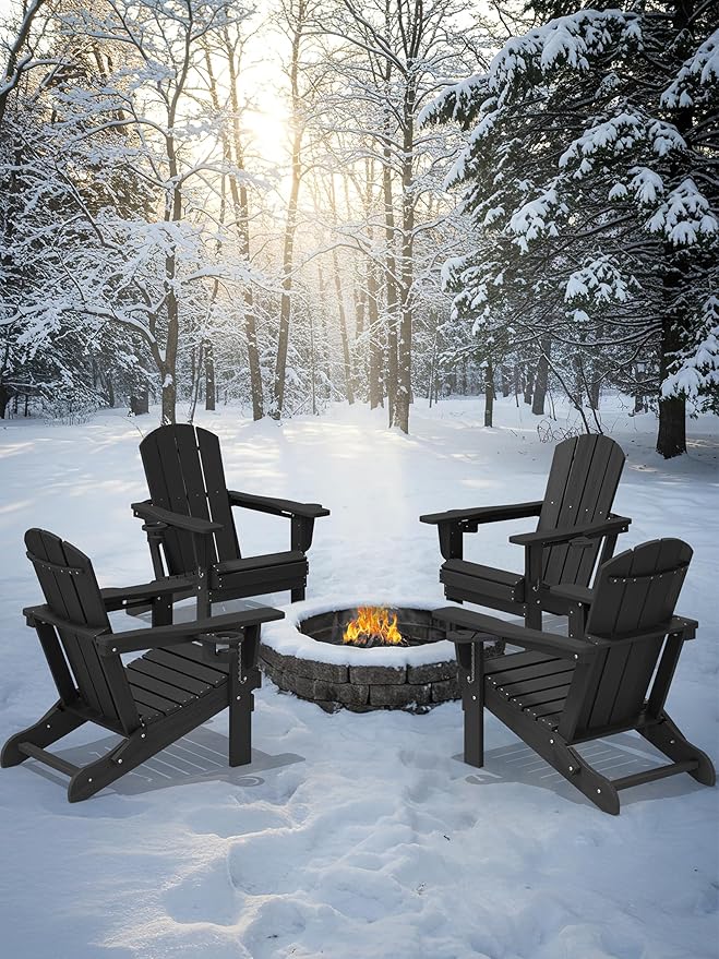 KINGYES Folding Adirondack Chair with Dual Cup Holders - HDPE All-Weather Outdoor Chairs, Wood-Like Patio Chair for Backyard, Camping, Pool & Fire Pit, Black