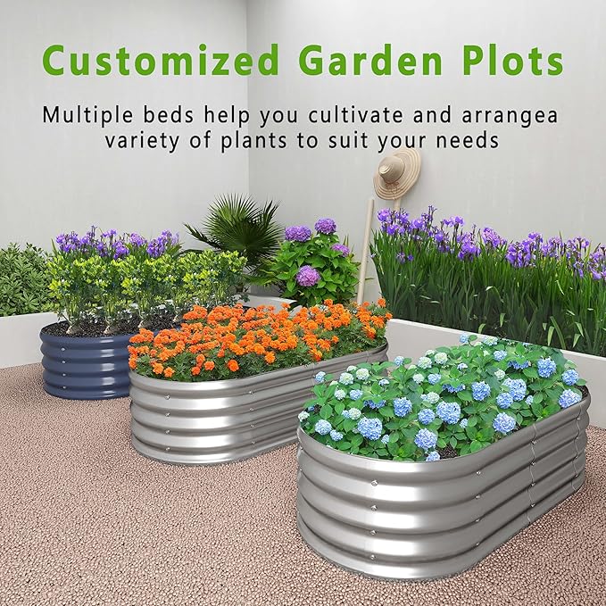 KFN 4x1.8x1FT Galvanized Raised Garden Bed,Raised Garden Bed Kit-Oval Metal Vegetable Box,Large Planter Flower Boxes Outdoor,Planting for Vegetables,Flower,Herb,Sliver,0.7mm