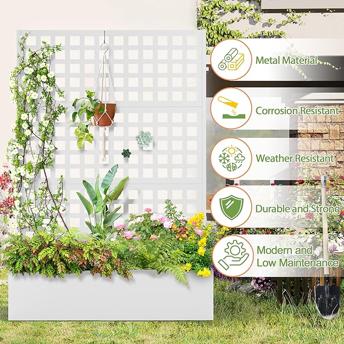 Metal Raised Garden Bed, Trellis Planters Bed with Drainage Holes for Climbing Plants, Vegetables Outdoor Privacy Screen with Planter Box 73"x47"x16", White