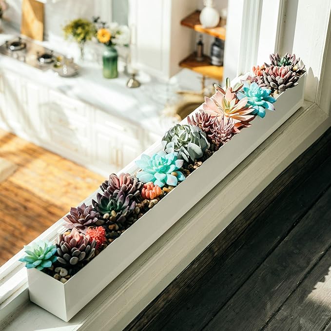 DR&Co Modern Rectangle Planter Box - 32" Metal Planter Ideal for Long Succulent, Rectangular Box for Table or Window Sill, Trough for Indoor Window, White