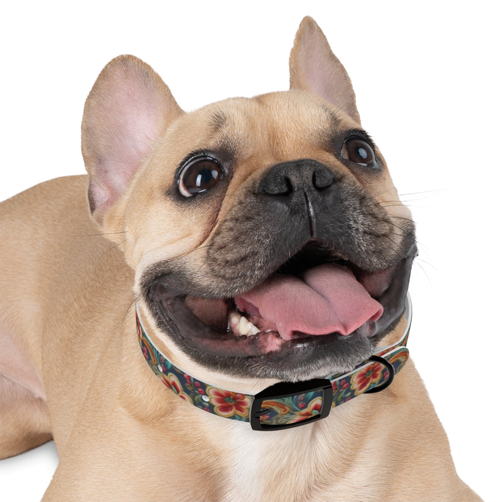 Crimson Blossoms on Teal Vintage Brocade Pattern - Pet Collar Pet Zen