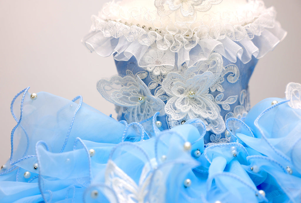 Handmade Luxury Pet Gown Trailing Dress Blue Chiffon Dog Gown Dog Dress