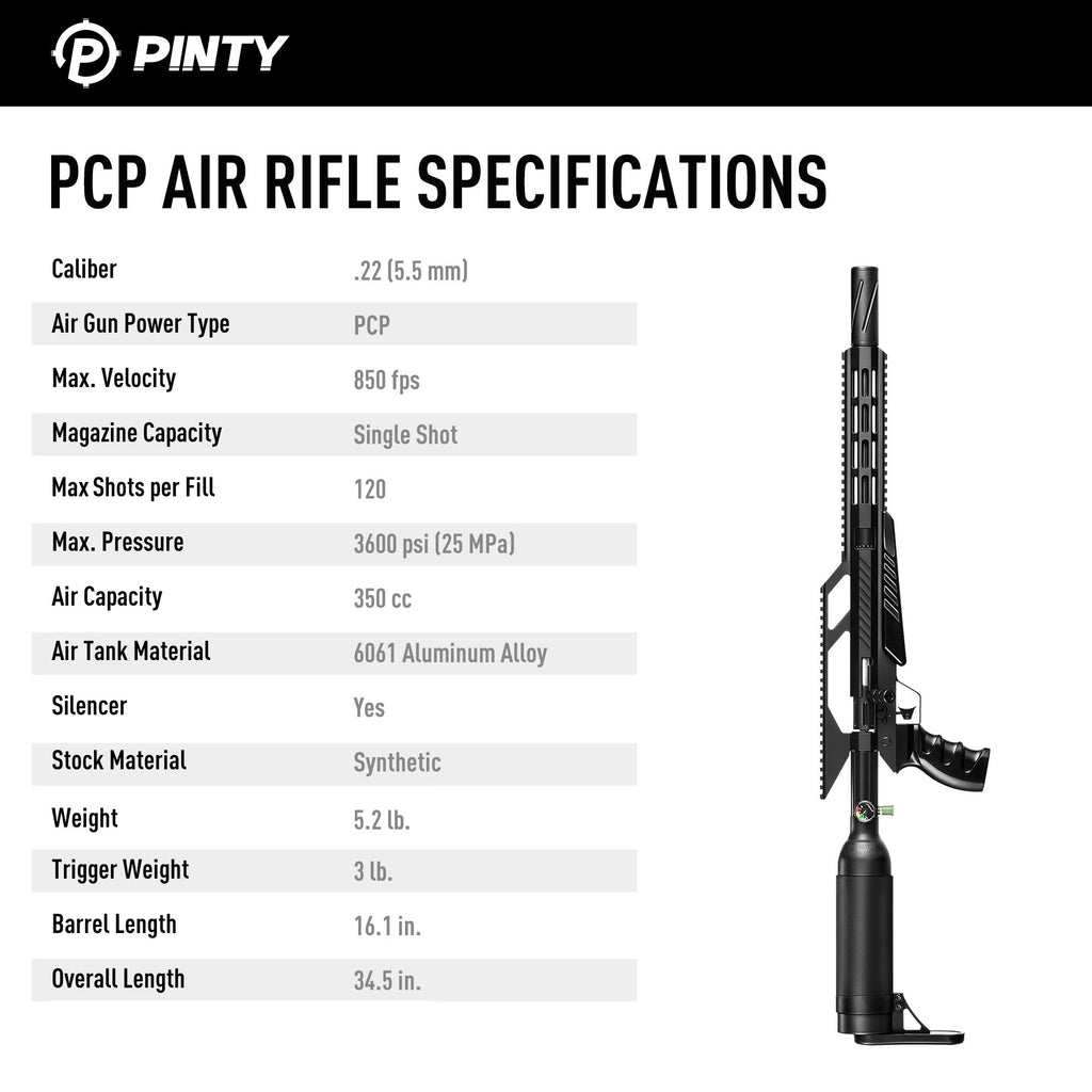 Pinty Nightfall MKII - 22 Cal Regulated PCP Pellet Gun Air Rifle with 850 fps Velocity & Picatinny Rail