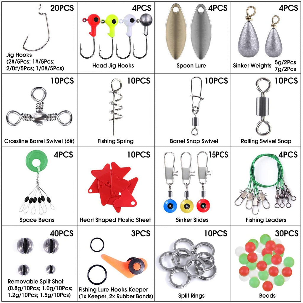 188Pcs Fishing Accessory Kit Portable Fishing Set Including Jig Hooks Sinker Weights Spoon Lure Removable Split Shot w/ Tackle Box