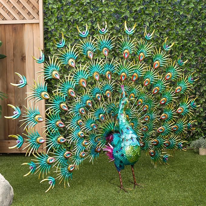 Alpine Corporation HEH376 Jumbo Sized Iron Majestic Peacock Decor, Elegant Garden & Patio Bird Statue, 55" H, Green
