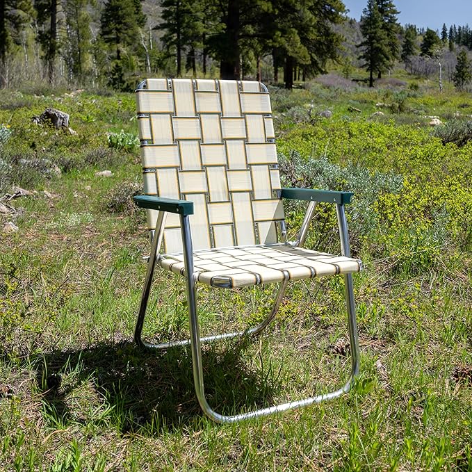 Lawn Chair USA Folding Aluminum Outdoor Patio Lawn Chair | Heavy-Duty Webbed Chairs for Camping, Sports, Beach, Yard & Tailgating | Lightweight Portable | Classic - Charleston Tan with Green Arms
