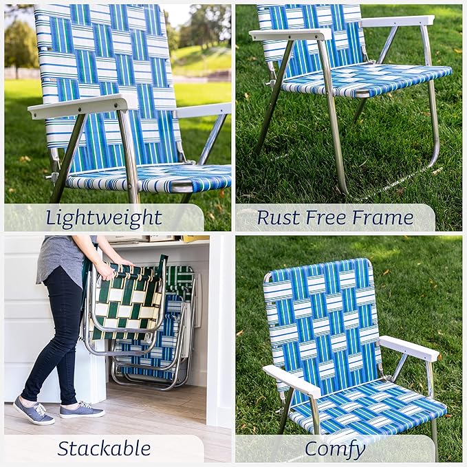 Lawn Chair USA Folding Aluminum Outdoor Patio Lawn Chair | Heavy-Duty Webbed Chairs for Camping, Sports, Beach, Yard & Tailgating | Lightweight Portable | Magnum - Sea Island with White Arms