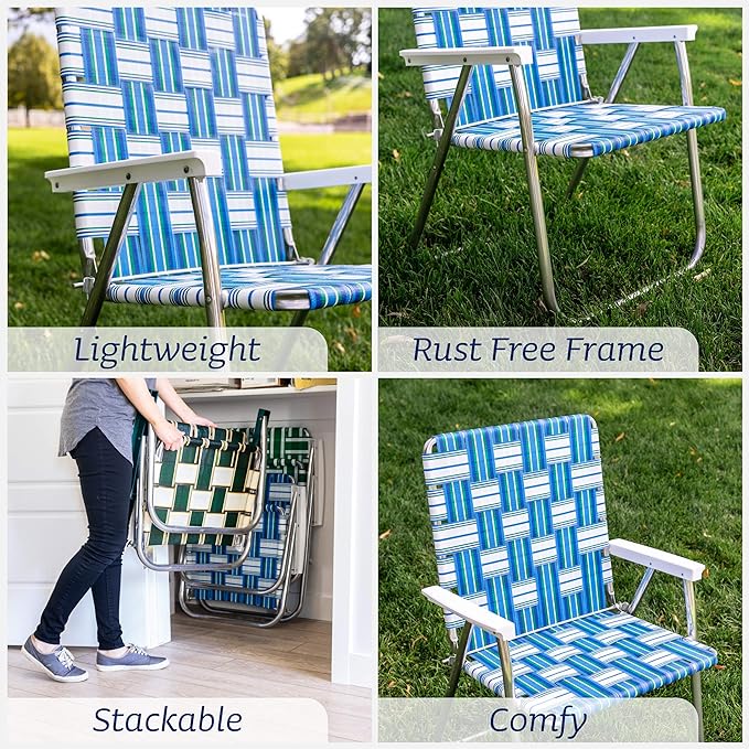 Lawn Chair USA Folding Aluminum Outdoor Patio Lawn Chair | Heavy-Duty Webbed Chairs for Camping, Sports, Beach, Yard & Tailgating | Lightweight Portable | Classic - Red and White with White Arms