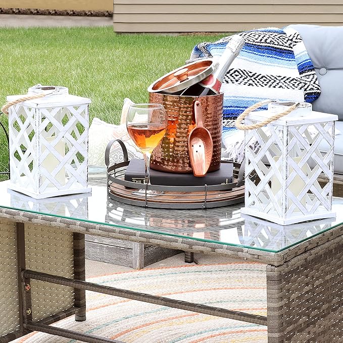 Sunnydaze Modern Crosshatch 9-Inch Solar LED Decorative Candle Lantern - Tabletop/Hanging Light - Set of 2 - White