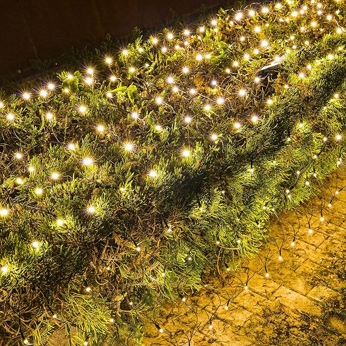 Dazzle Bright Christmas Net Lights, 360 LED 12FT x 5 FT Green Wire Waterproof Connectable Lights with 8 Modes, Christmas Outdoor Lights for Bushes Garden Party Wedding Holiday Decoration (Warm White)